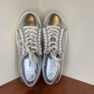 NWOT Tory Burch Women’s Sport Ruffle Sneakers, silver and white, size 9.5